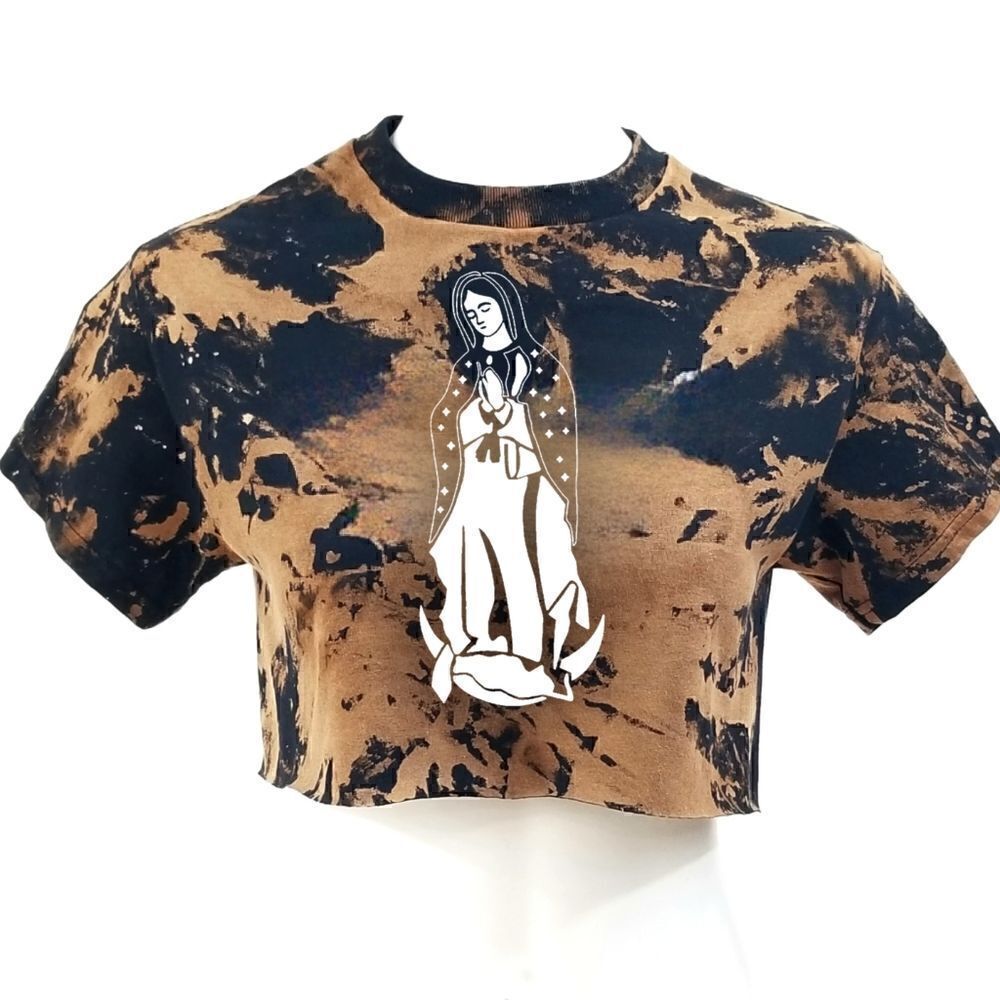 La Virgen the Guadalupe "Our Lady of Guadalupe" Acid Washed Distressed Crop Top